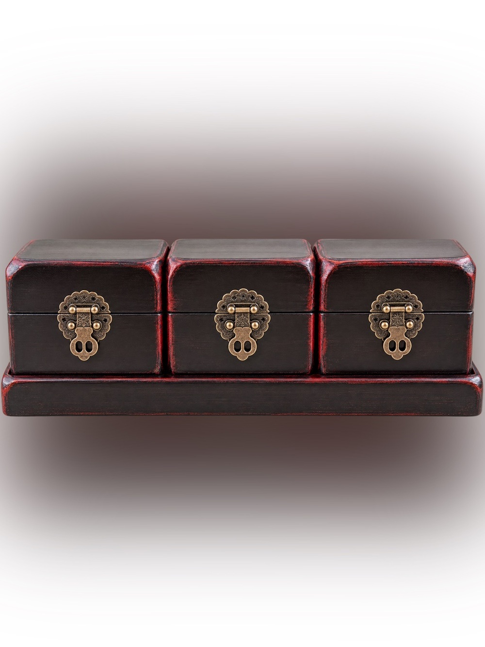 Vintage Chinese Style Wooden Trinket Box Set of 3 with Tray